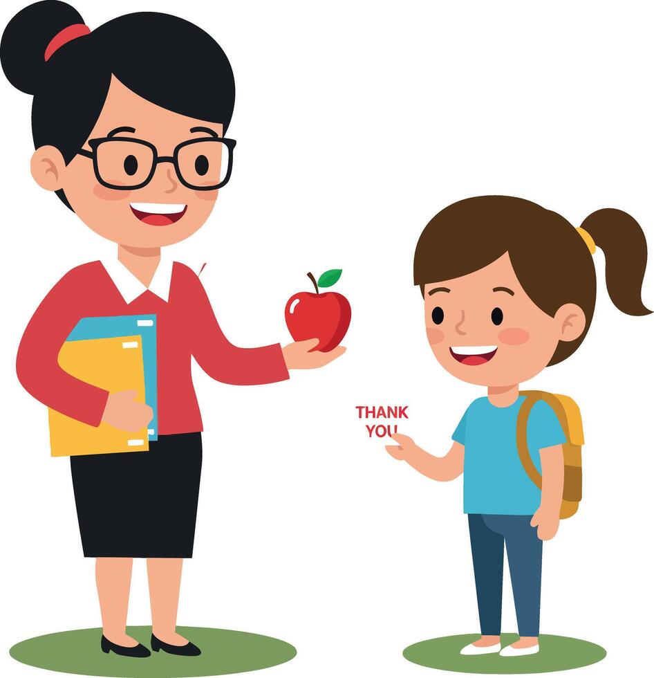 Teacher giving apple to student with backpack in educational setting illustration vector