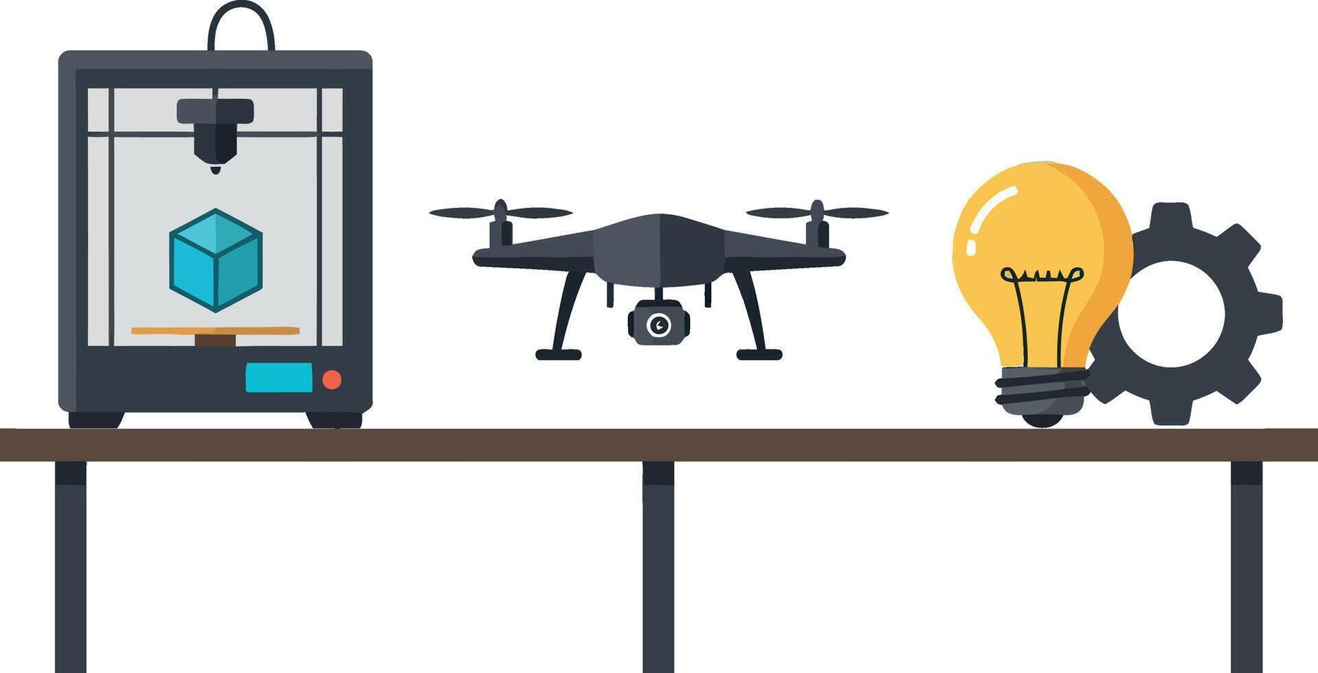 Modern technology devices including 3D printer drone light bulb and gear flat style illustration vector