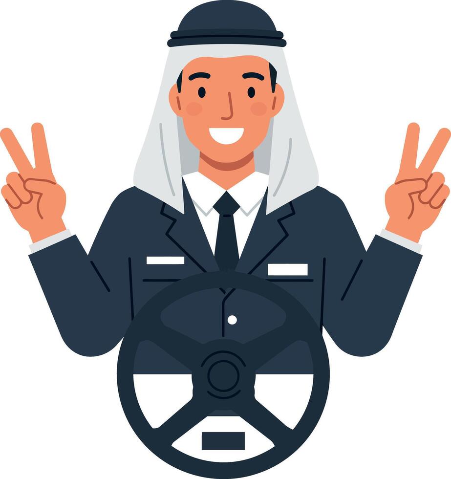 Arab man smiling driving car hands showing peace sign illustration vector