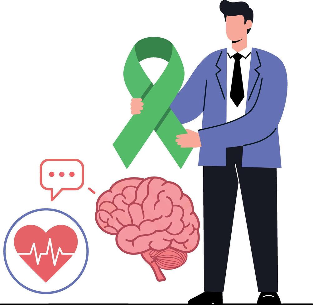 Man Holding Green Awareness Ribbon with Brain and Heart Icons Mental Health Support Illustration vector