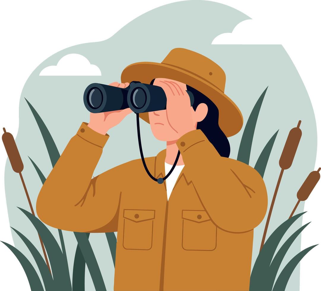 Wildlife watcher using binoculars in nature with brown hat and jacket illustration vector