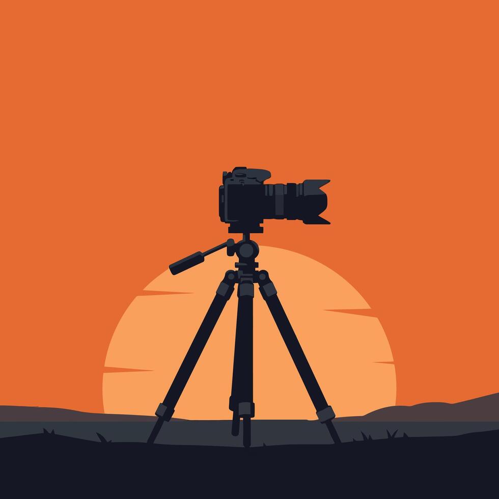 Camera on tripod silhouette against orange sunset background illustration vector