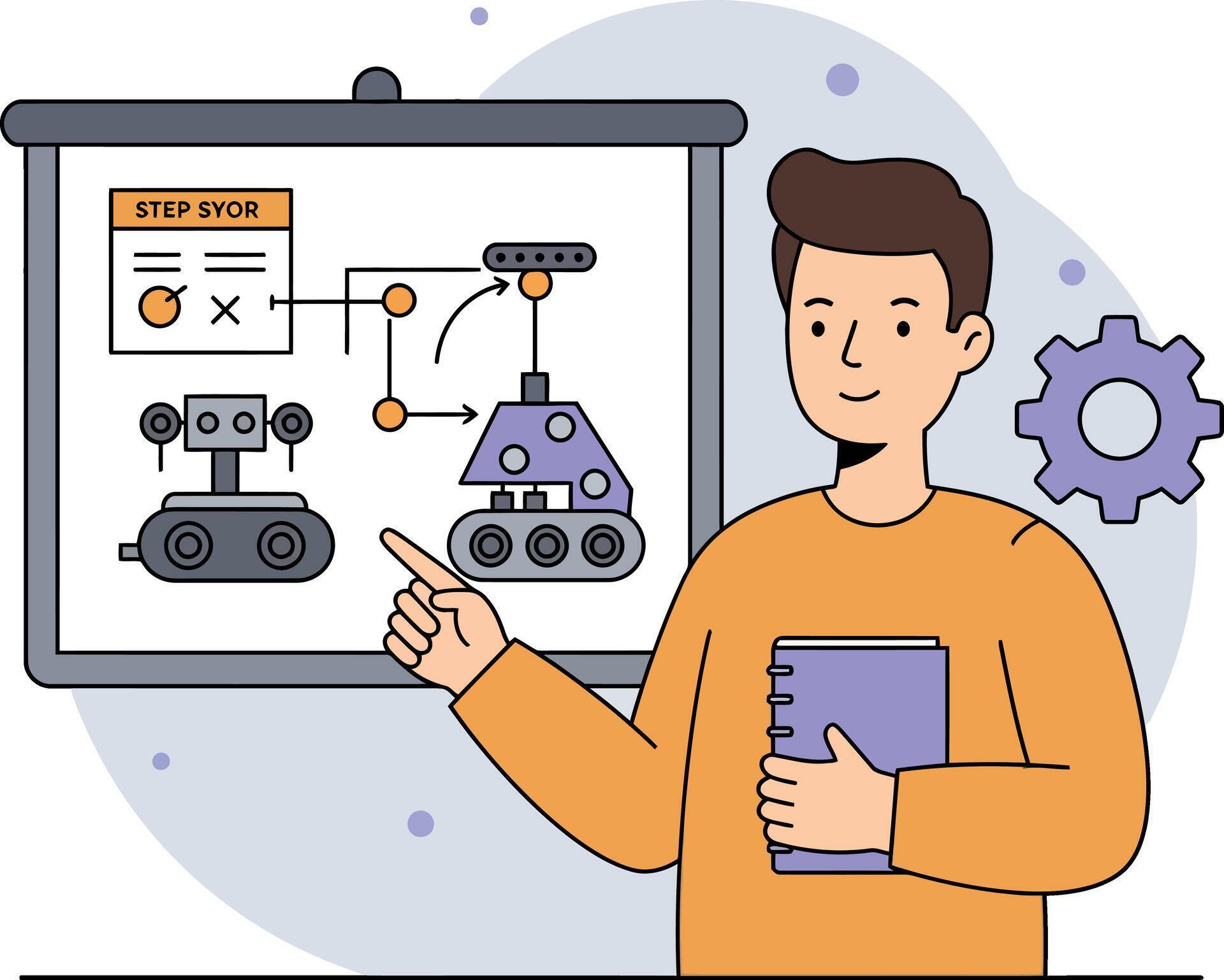 Young man explaining robotic design concepts with flowchart ...