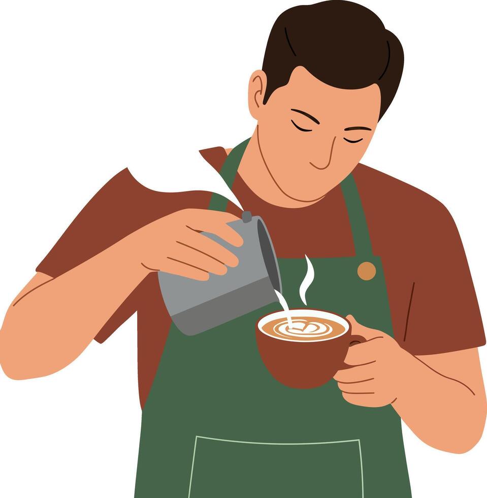 Barista in green apron pouring steamed milk into coffee cup with latte art flat illustration vector