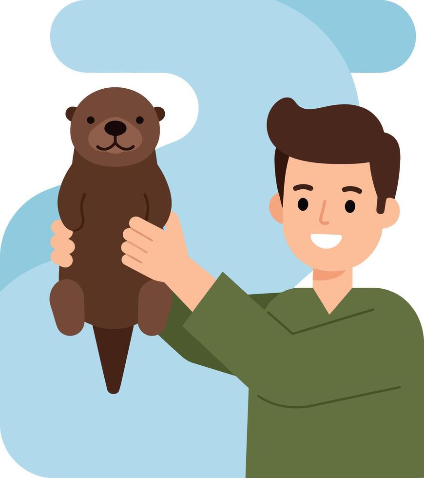 Man holding brown otter in front of water pipe illustration smiling cheerful vector