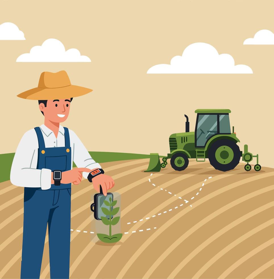 Smiling farmer wearing hat and overalls monitoring plant growth in plowed field with green tractor flat illustration vector