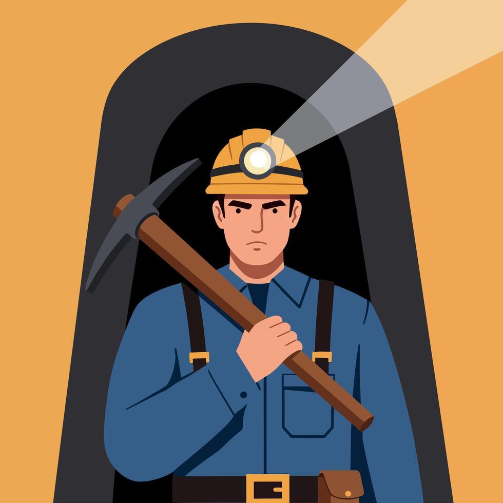 Miner holding pickaxe in underground tunnel with helmet light illustration vector