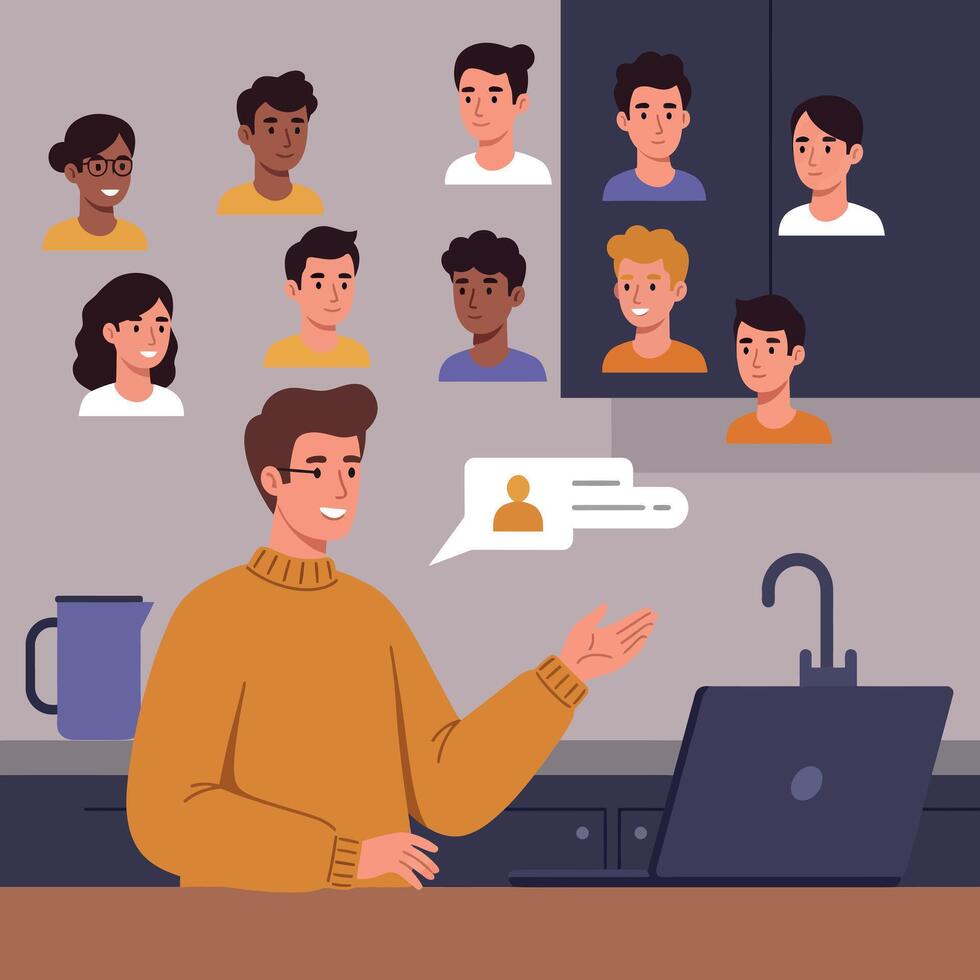 Young man conferencing with diverse group of people in flat modern digital communication illustration vector