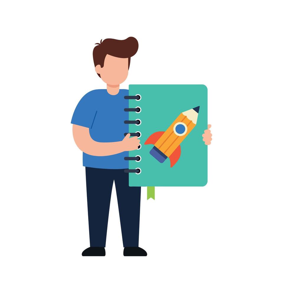 Boy holding green notebook with rocket illustration in flat style graphic vector