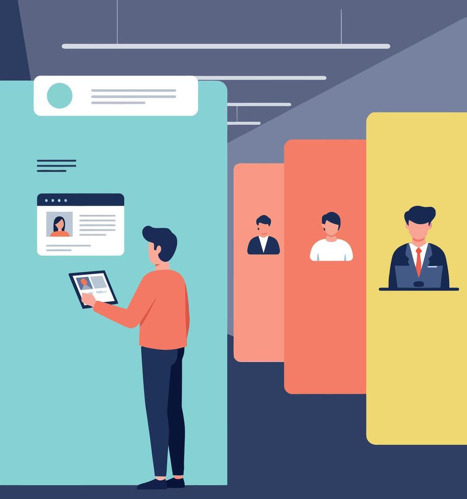 Man using tablet for identity verification in modern office with colorful panels flat design illustration vector