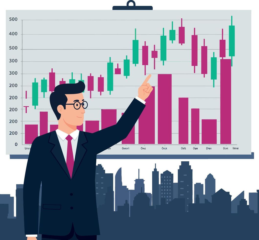 Businessman analyzing financial data with candlestick and bar chart in flat design illustration vector