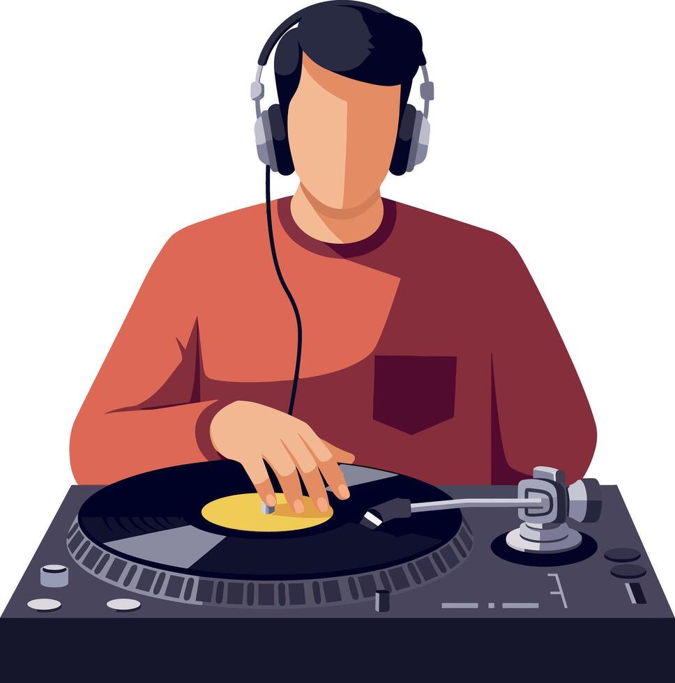 Male DJ wearing headphones mixing music on turntable in flat style illustration vector