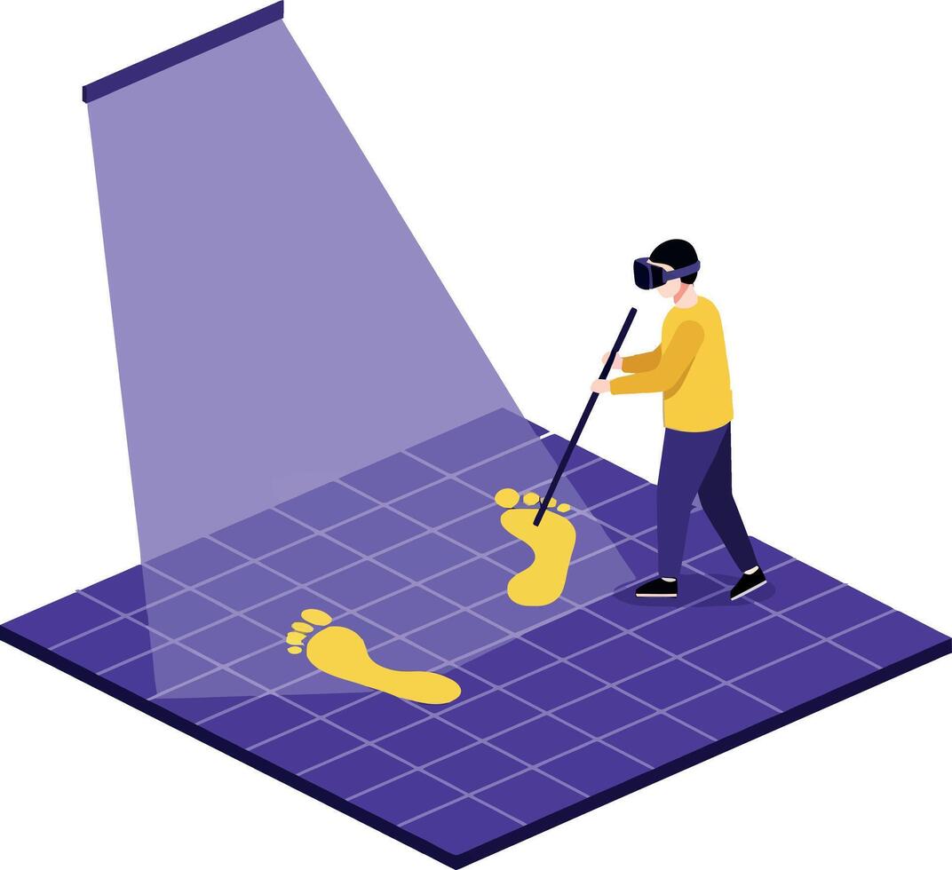 Man using metal detector on grid surface searching for objects minimal flat style illustration vector