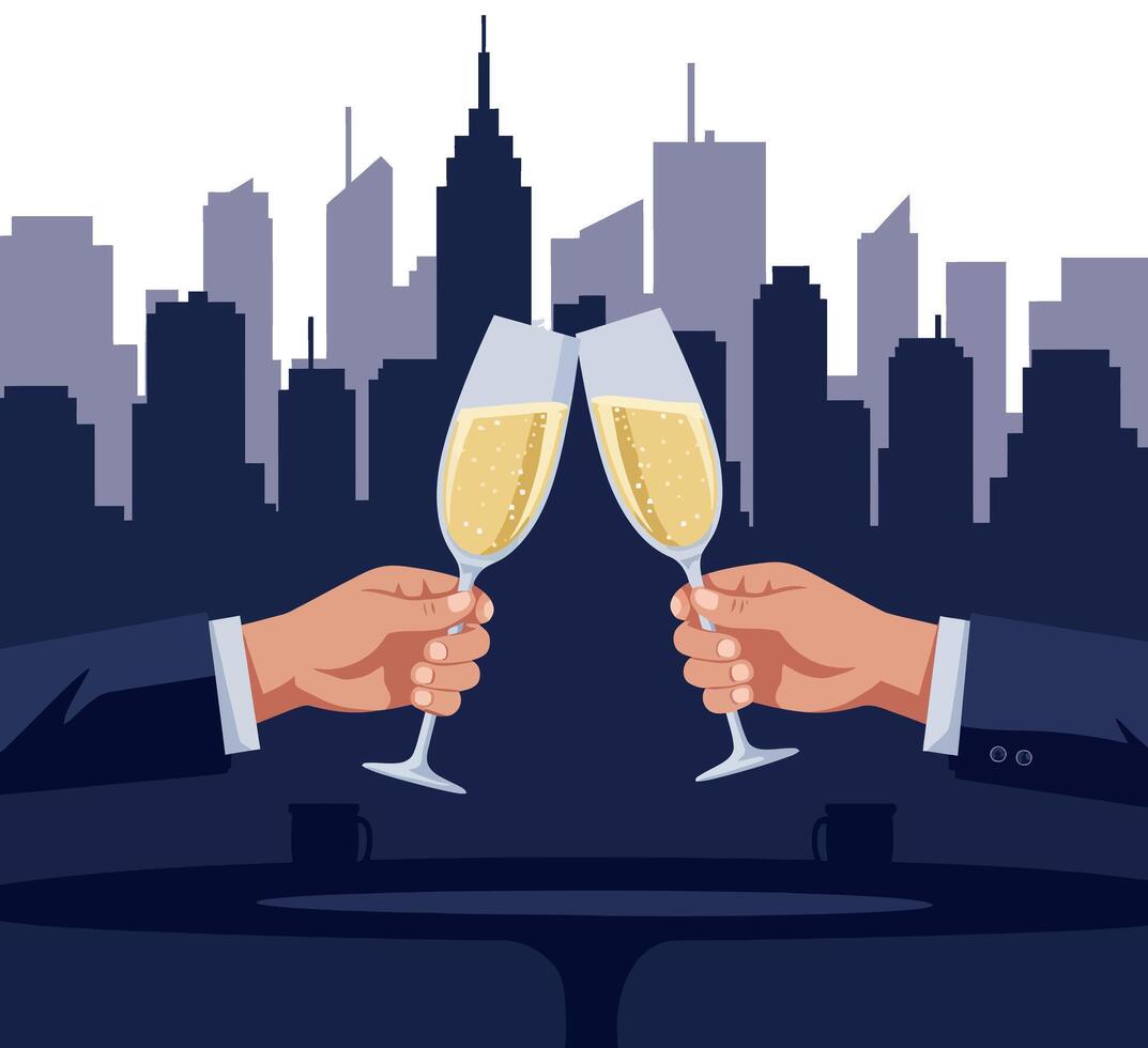 Two hands toasting with champagne glasses in front of city skyline minimal flat illustration vector