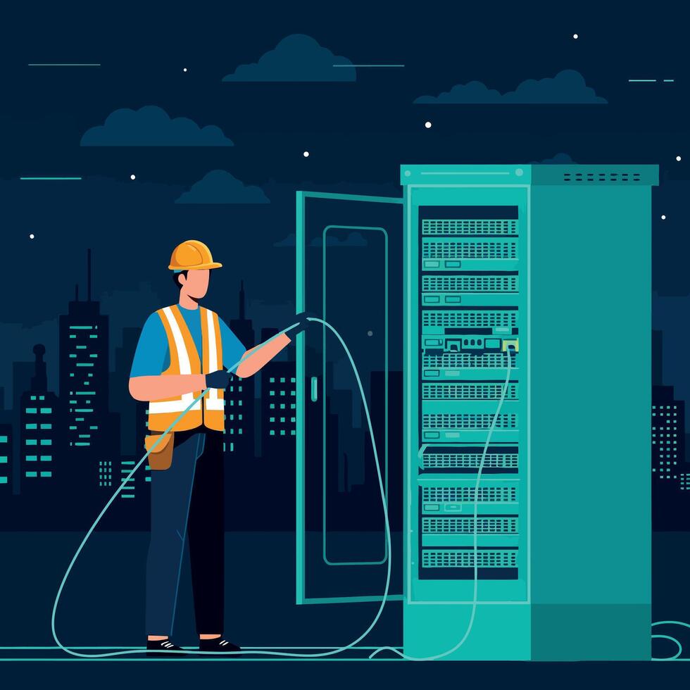 Male technician working with server rack wearing safety vest and helmet in city night flat illustration vector