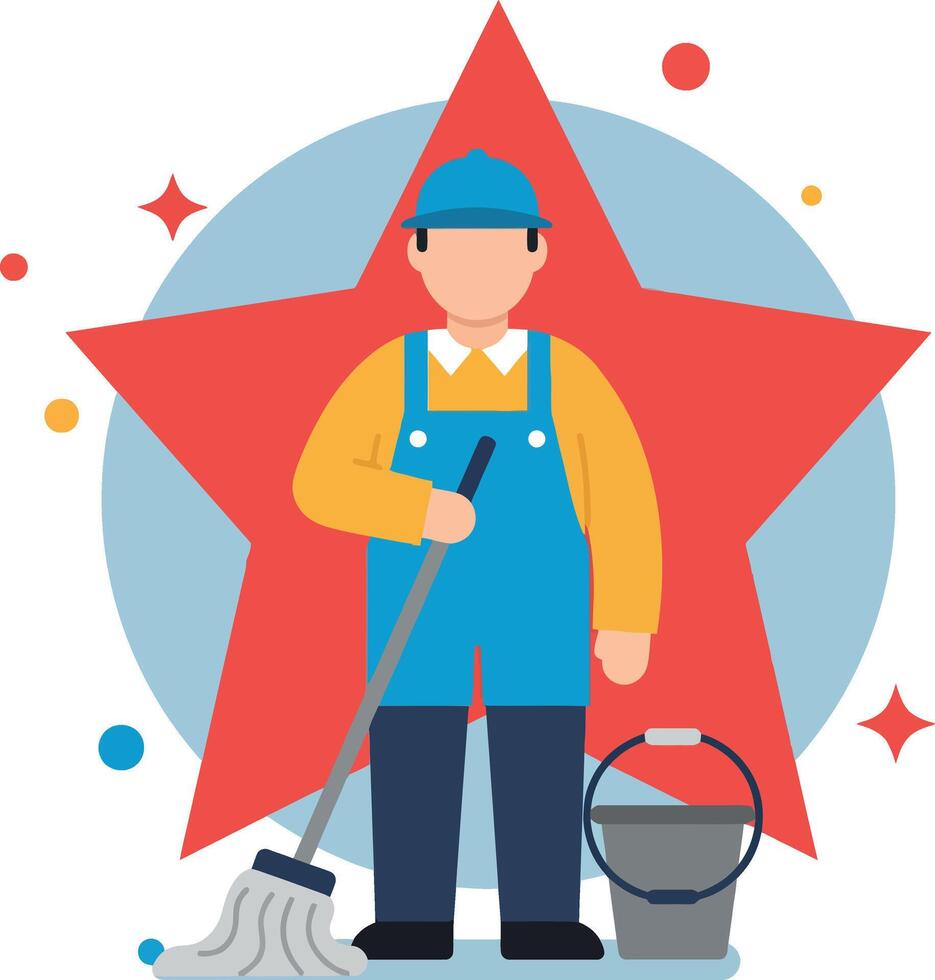 Cleaning worker with mop and bucket illustration with red star background and blue circular shape vector