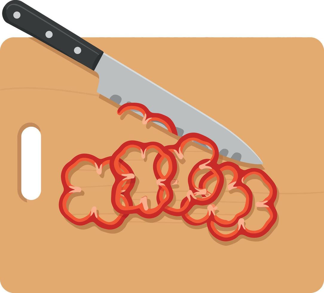 Sliced red bell pepper with kitchen knife on wooden cutting board flat illustration vector