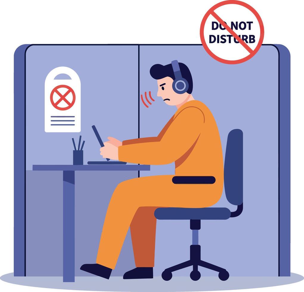 Man wearing headphones focused on laptop in office cubicle with do not disturb sign flat design illustration vector