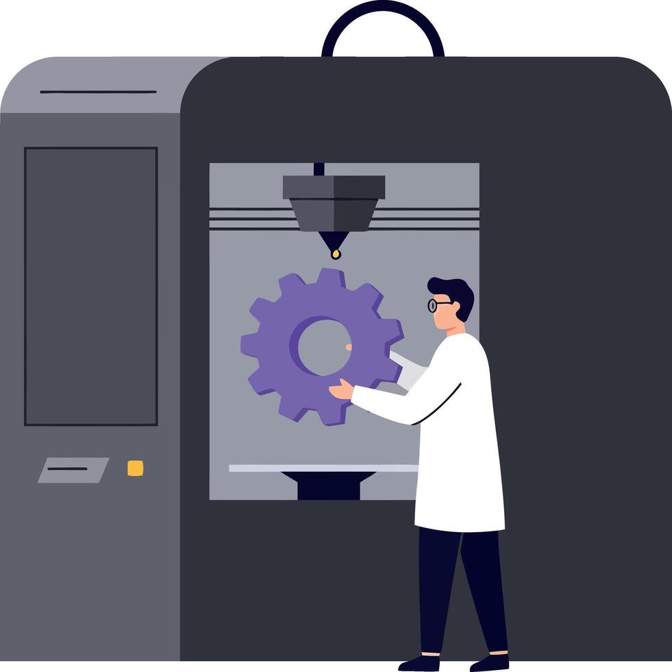 Man operating industrial 3D printer creating purple gear detailed flat illustration vector