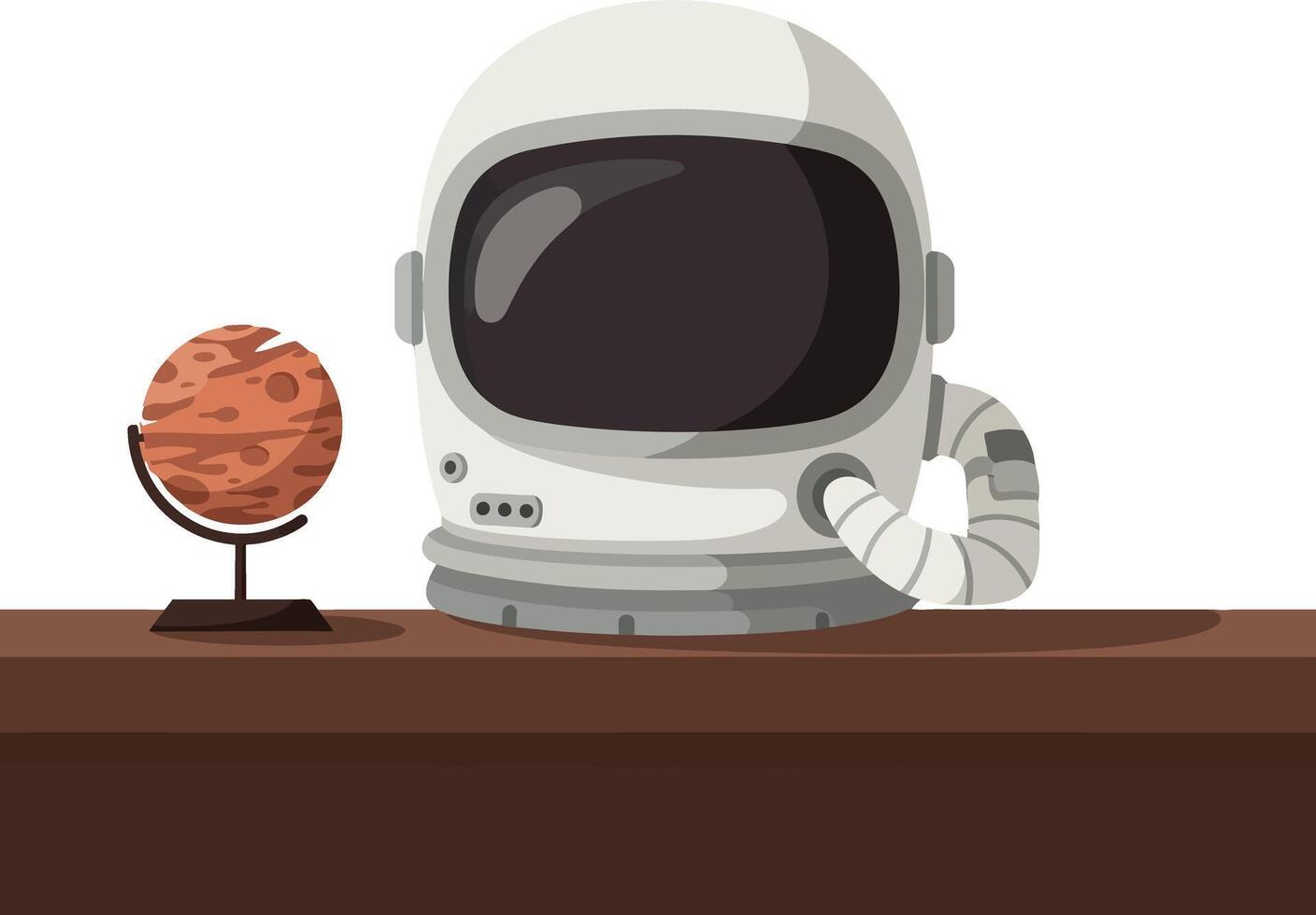 Space helmet and red planet model on wooden table flat style illustration vector