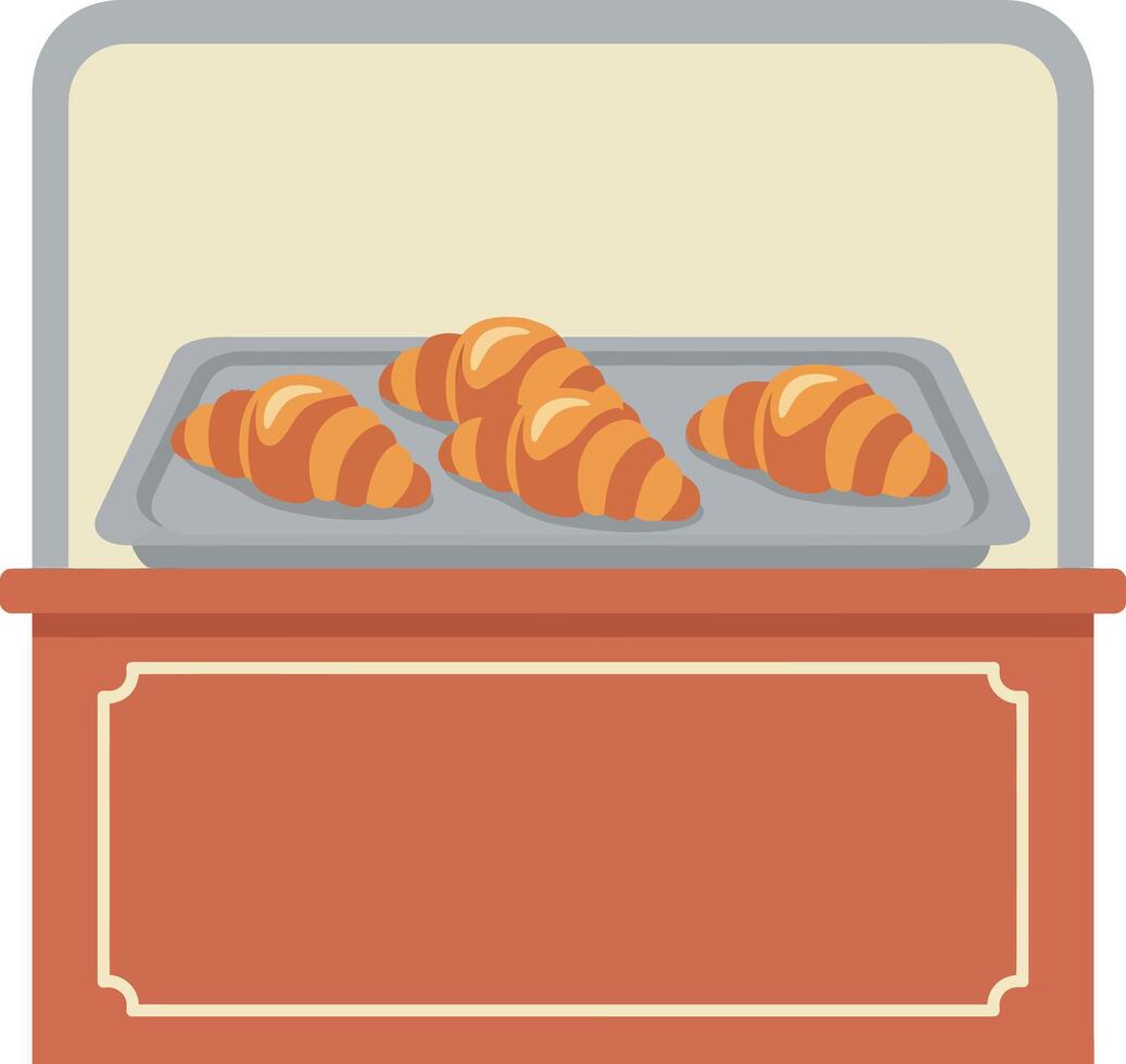 Croissants on tray inside bakery display case with warm colors flat design illustration vector