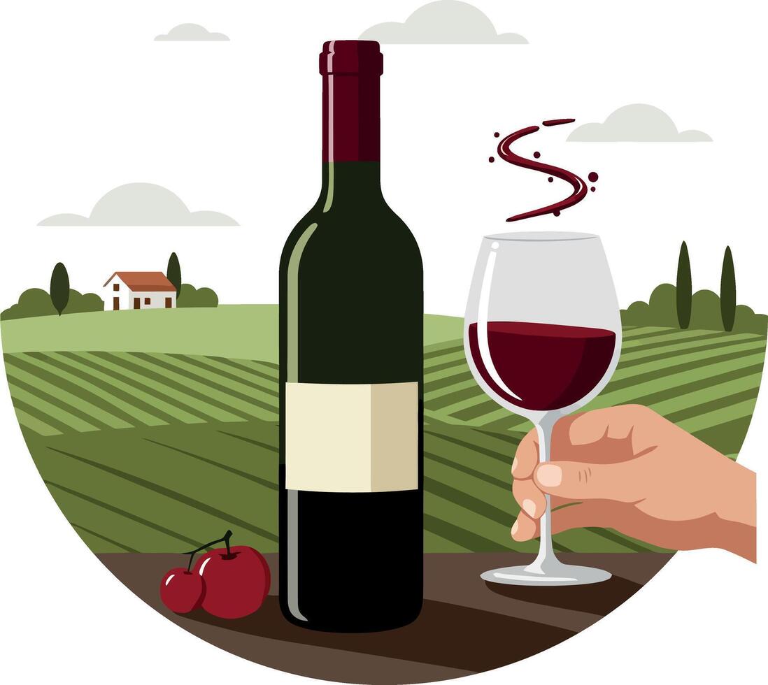 Red wine bottle and glass with hand holding wine in vineyard landscape flat design illustration vector