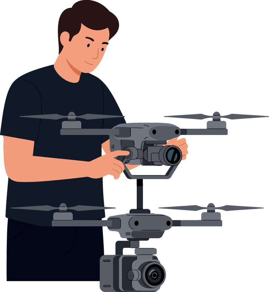 Man operating professional drone with stabilizer camera illustration technology hobby vector