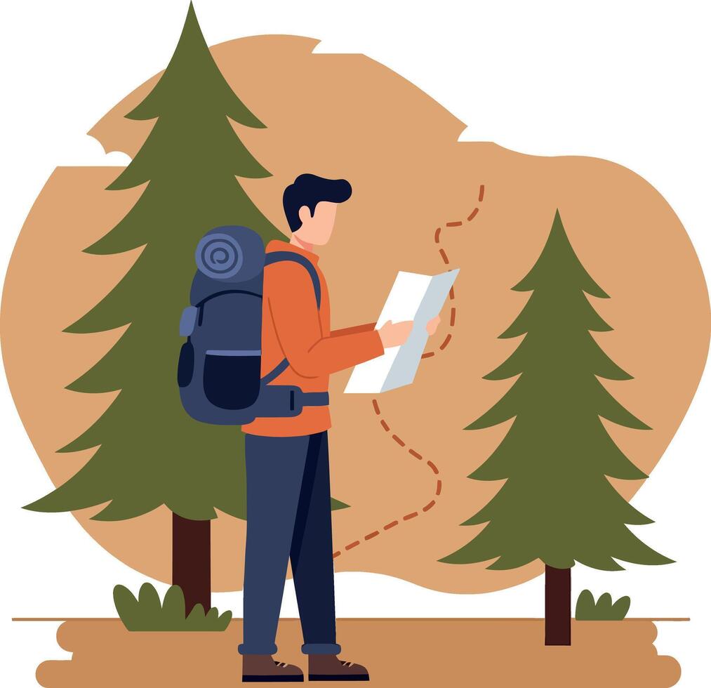 Young male hiker with backpack reading map in forest flat design illustration vector