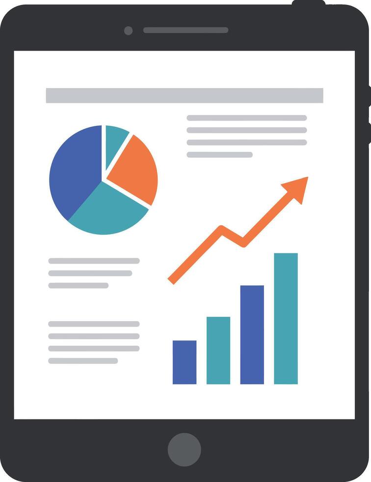 Digital tablet displaying colorful pie chart and bar graph with upward trend in flat design illustration vector