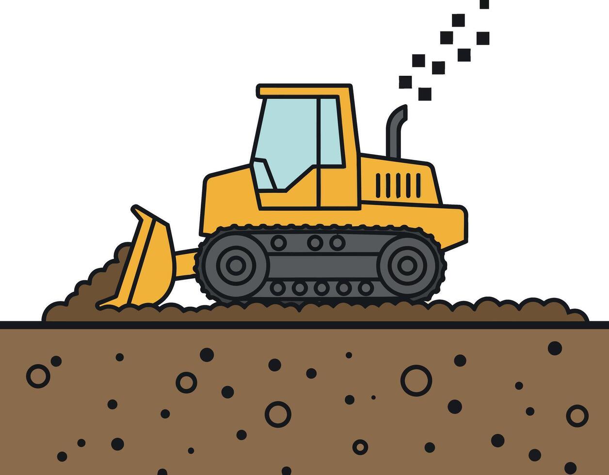 Yellow bulldozer pushing soil with smoke exhaust flat design construction vehicle illustration vector
