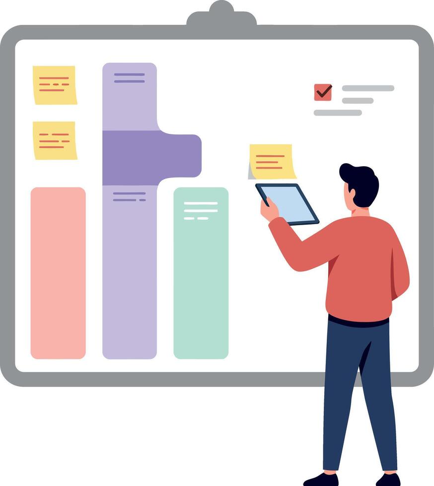Man in casual clothing analyzing colorful project planning board with sticky notes in flat design illustration vector