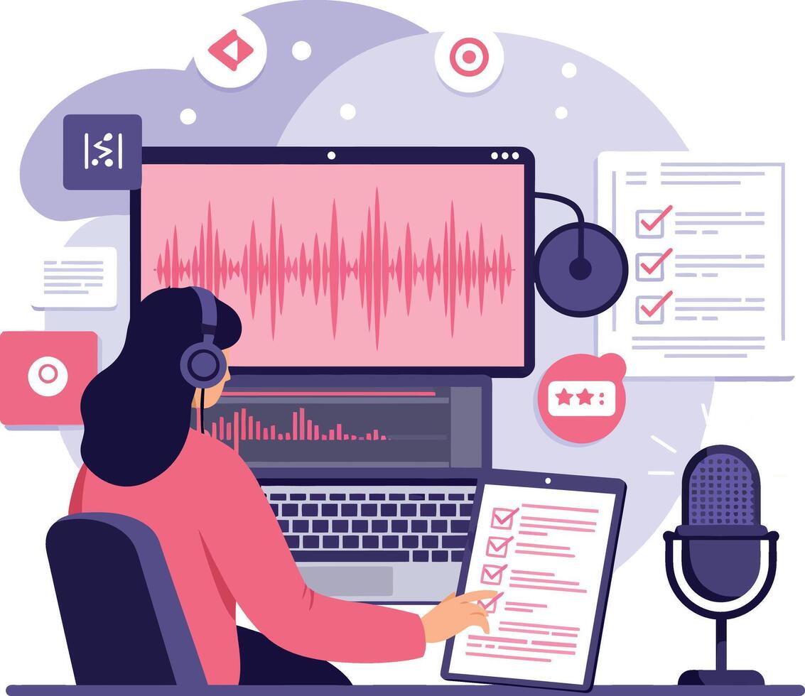 Woman with headphones editing audio on computer in modern flat style illustration vector