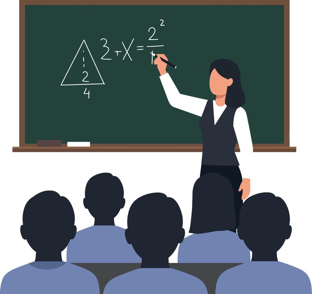 Female teacher writing mathematical formulas on chalkboard in classroom with attentive students flat illustration vector