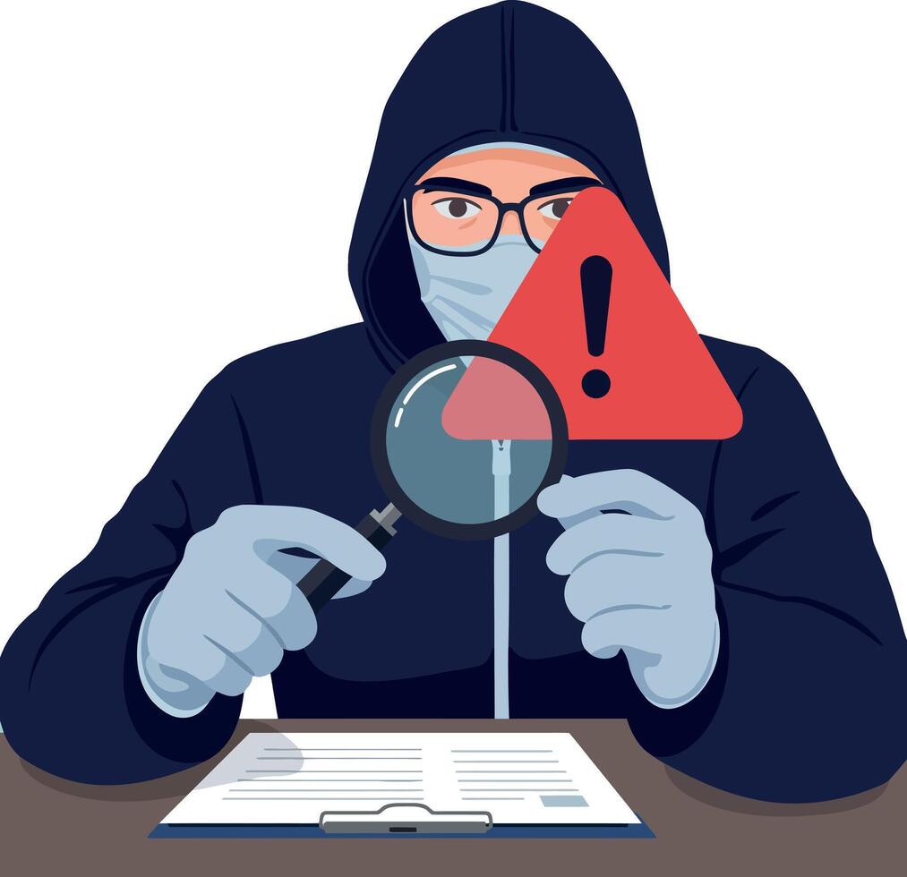 Person in dark hoodie with glasses and mask examining red warning sign with magnifying glass flat illustration vector