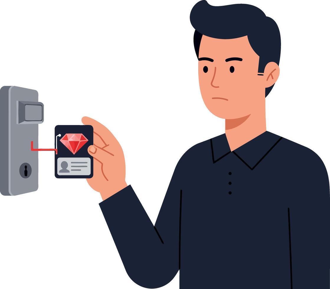 Man holding key card near electronic door lock security system flat design illustration vector
