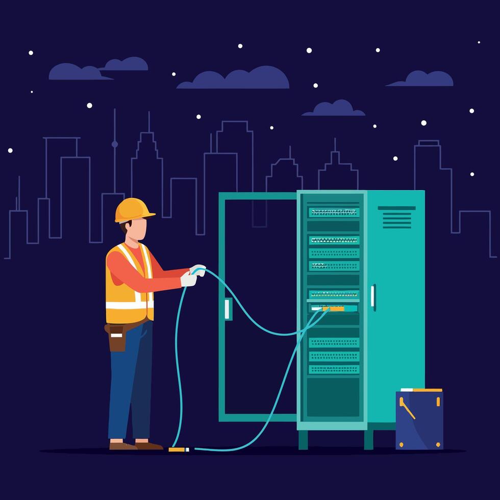 Male technician in safety vest working with server rack cables at night cityscape flat illustration vector