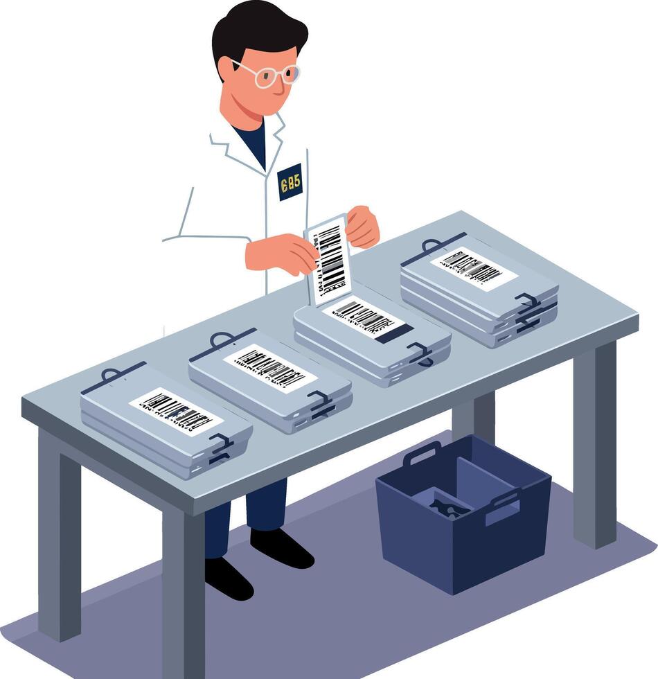 Scientist in white lab coat sorting printed barcode sheets on metal table minimal flat illustration vector