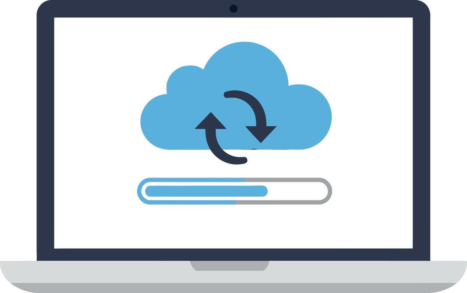 Laptop with cloud synchronization icon and progress bar in flat minimalist style illustration vector
