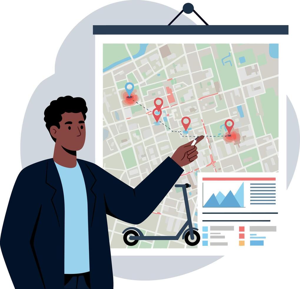 Young man presenting city map with location markers and electric scooter in flat illustration vector
