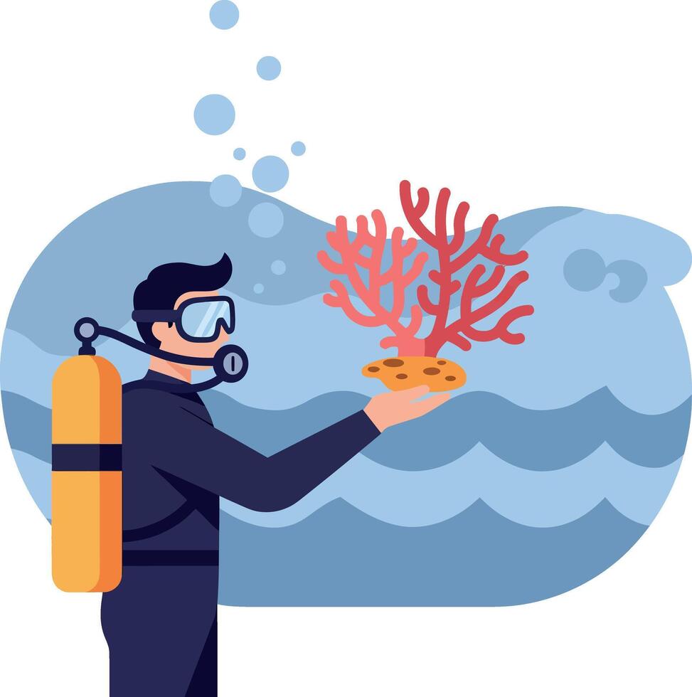 Scuba diver underwater holding red coral reef with bubbles and waves illustration vector