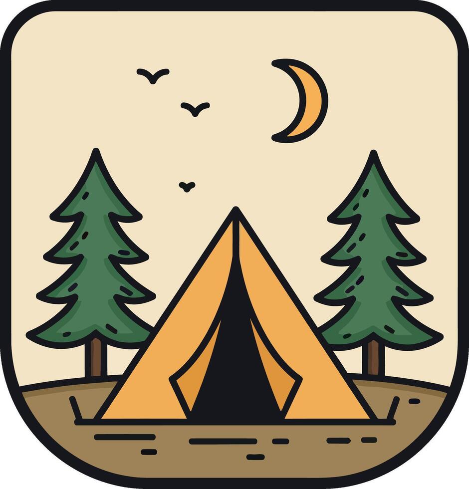 Camping tent between pine trees under crescent moon and flying birds flat design illustration vector