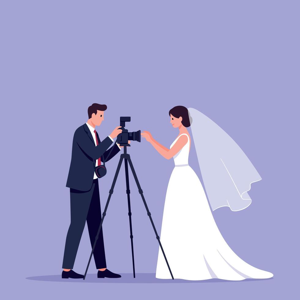 Bride and groom using camera on tripod for wedding photography session illustration vector