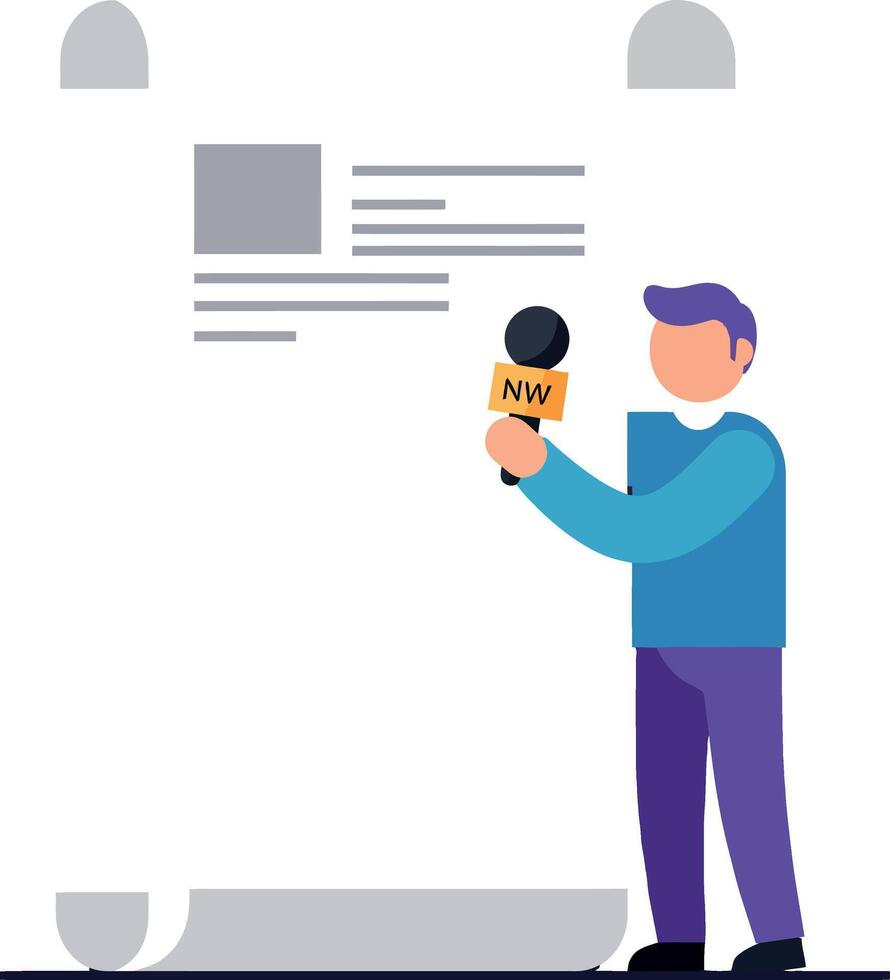 Male TV Reporter Holding Microphone Delivering News in Studio Illustration vector