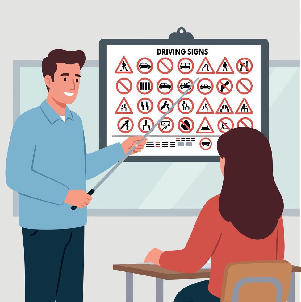 Driving lesson with instructor explaining traffic safety signs in classroom setting illustration vector