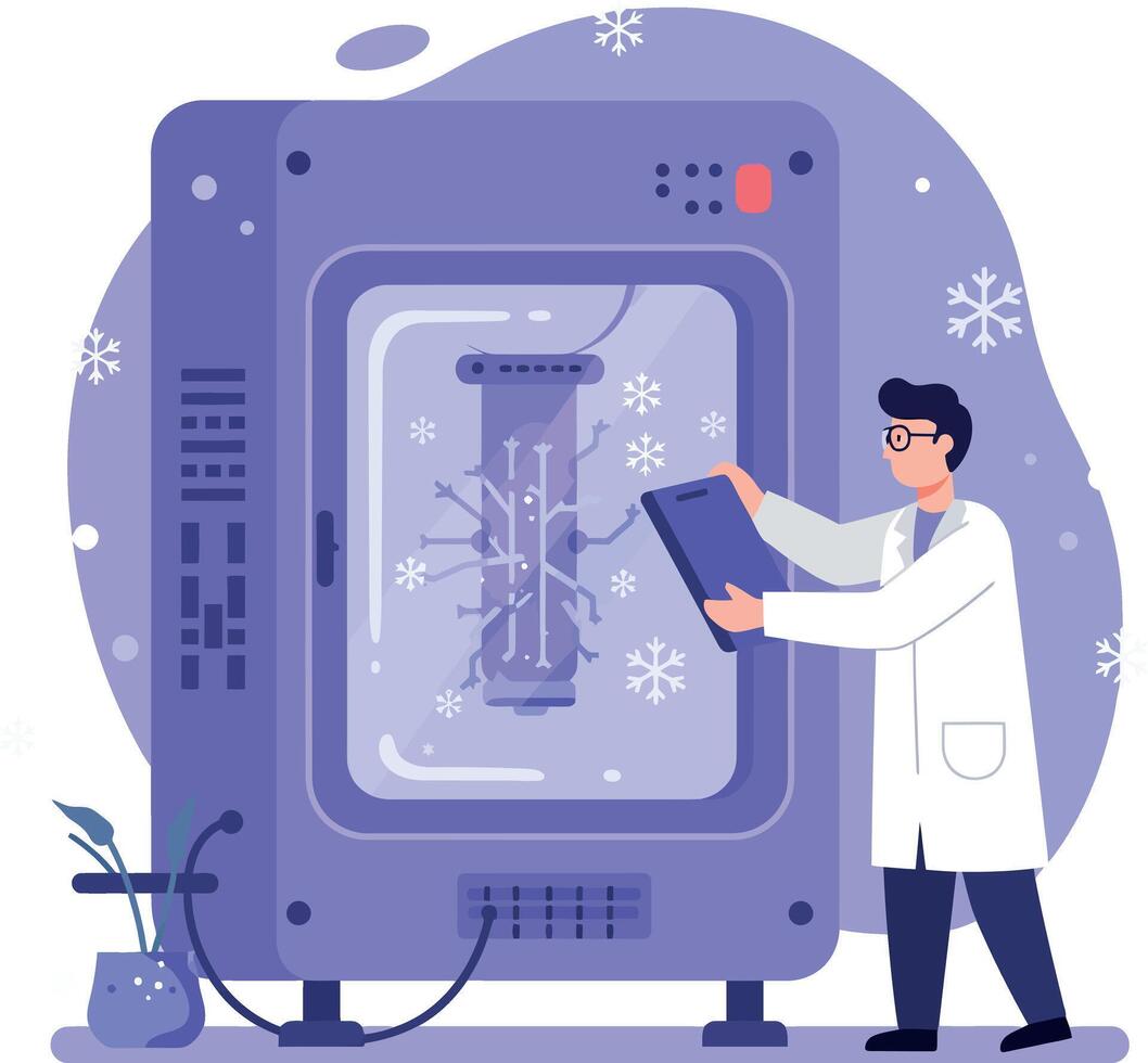 Scientist operating large cryogenic freezer with plant sample in flat modern illustration vector