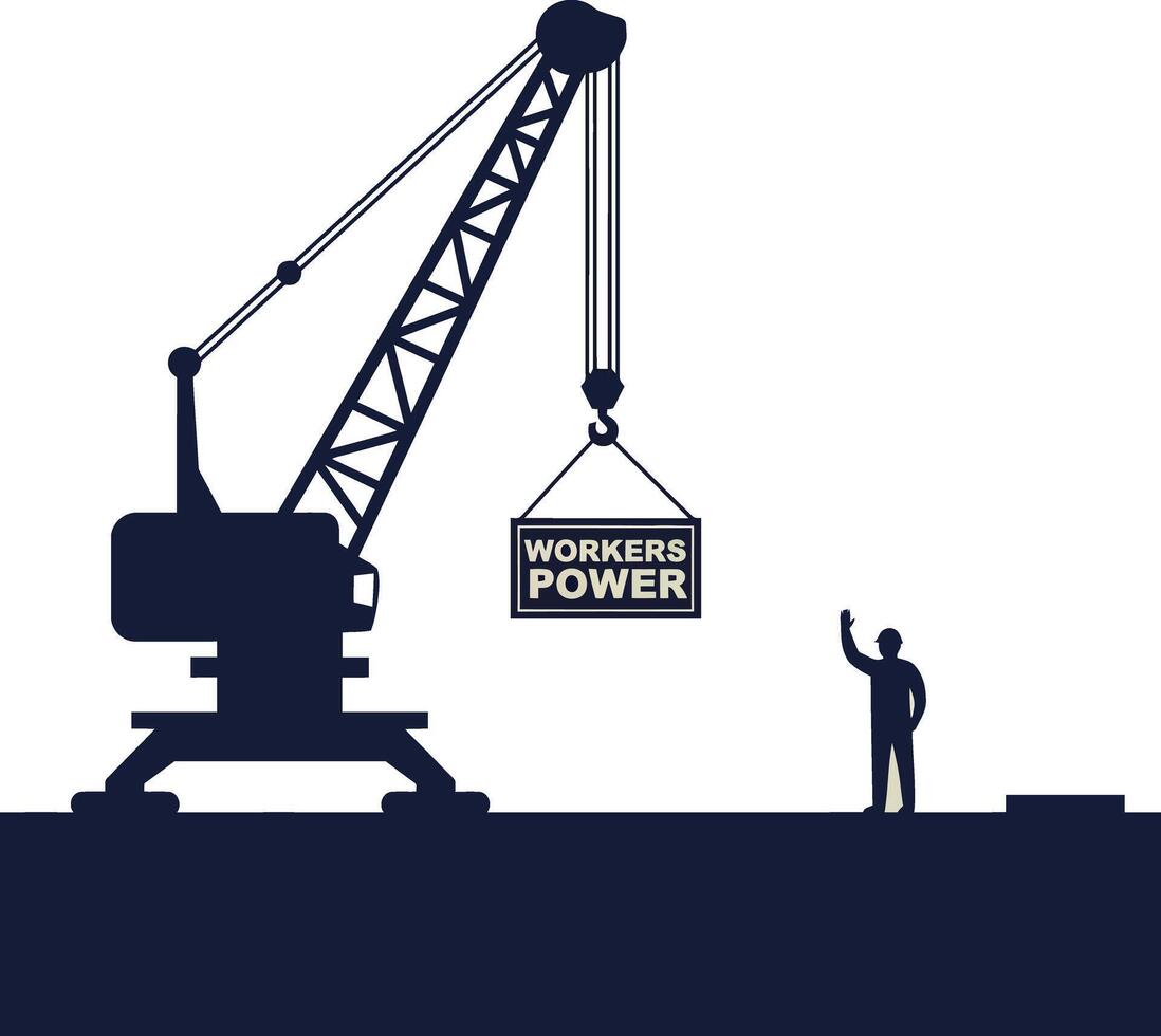 Construction crane lifting workers power sign with worker silhouette illustration vector