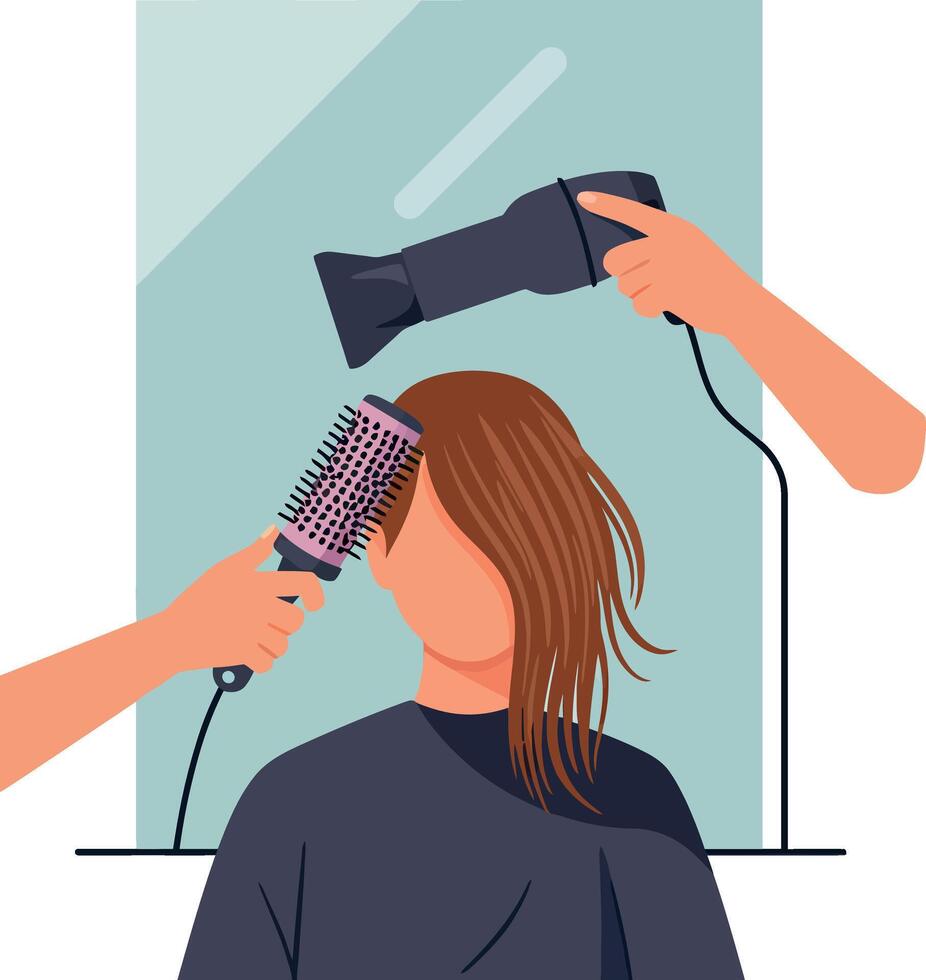 Woman Hair Styling Blow Dryer and Round Brush Hairdresser Salon Illustration vector