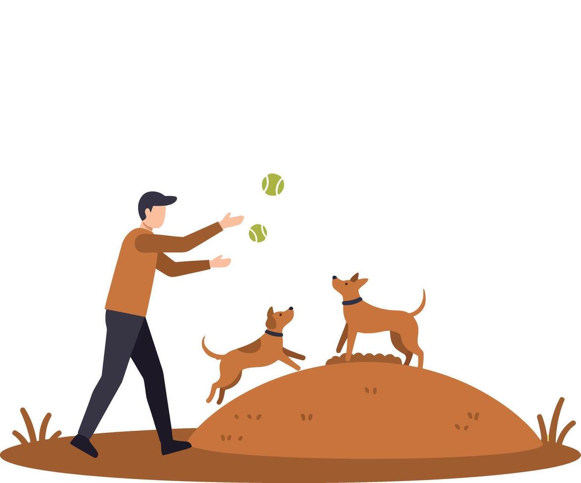 Man playing with two energetic dogs outdoors on hill in flat style illustration vector