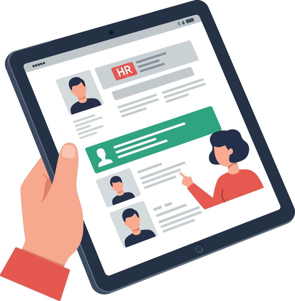 Human resources recruitment process with digital tablet flat design illustration vector