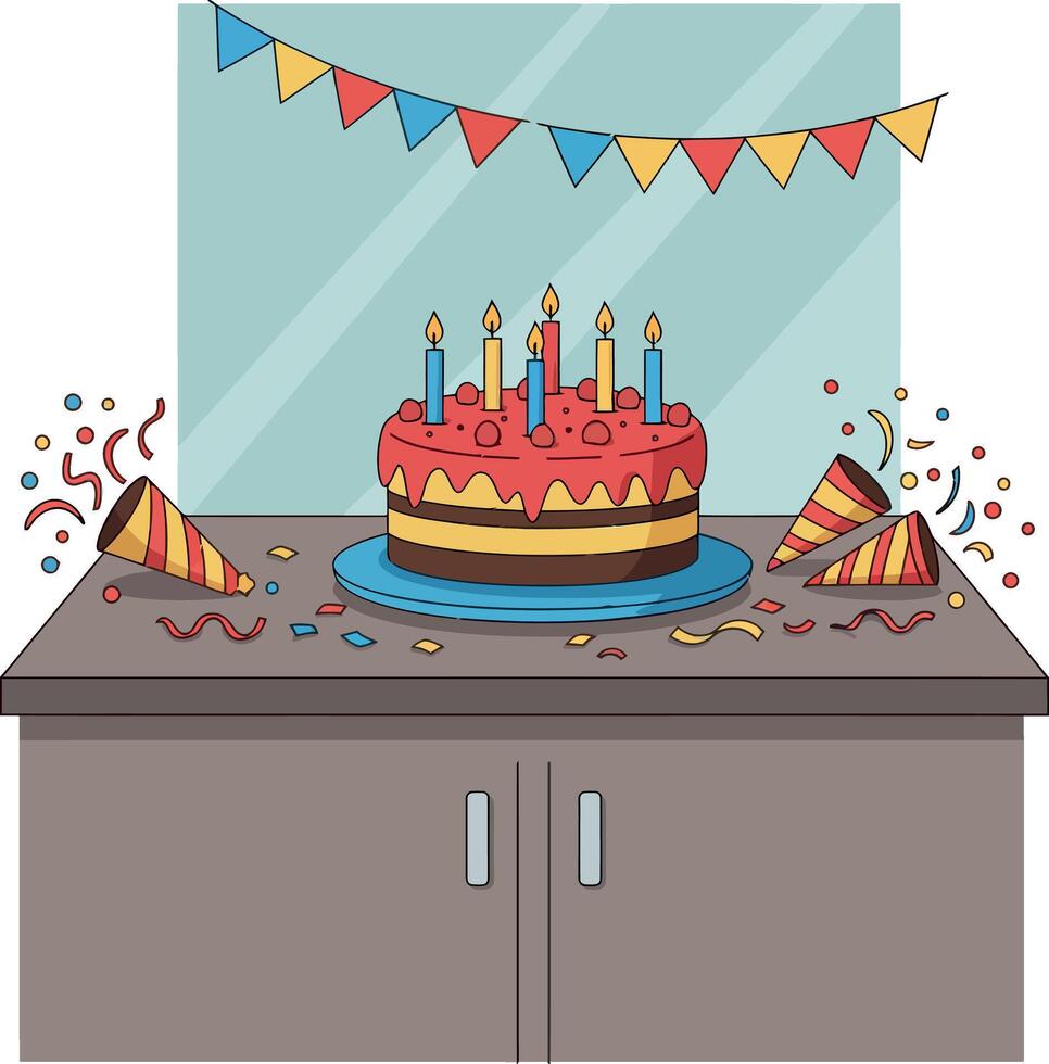 Birthday cake with lit candles on table with party hats and colorful flags flat design illustration vector
